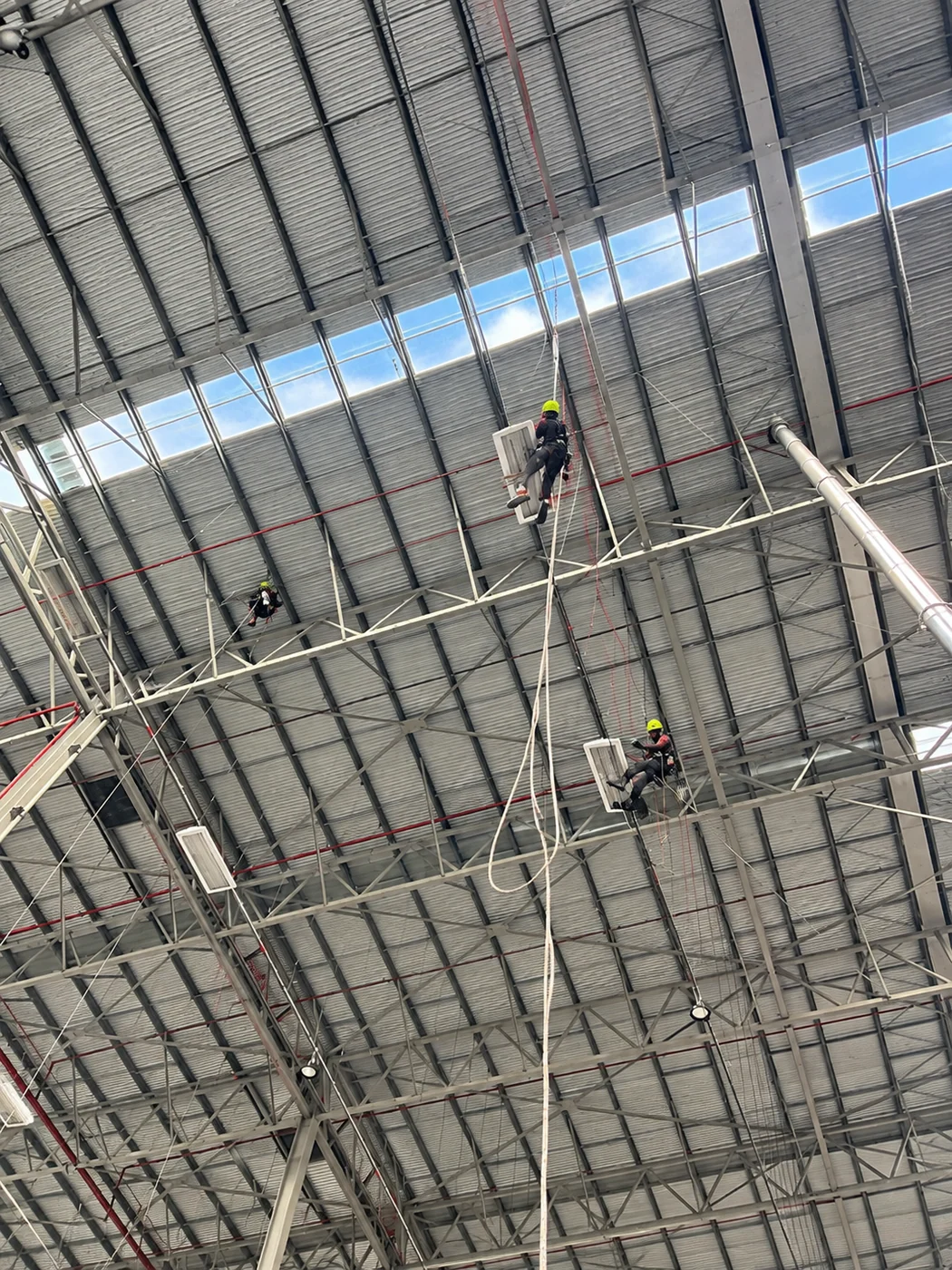 Coca-Cola project: Vertical Pro technicians replacing lights at roof-truss height