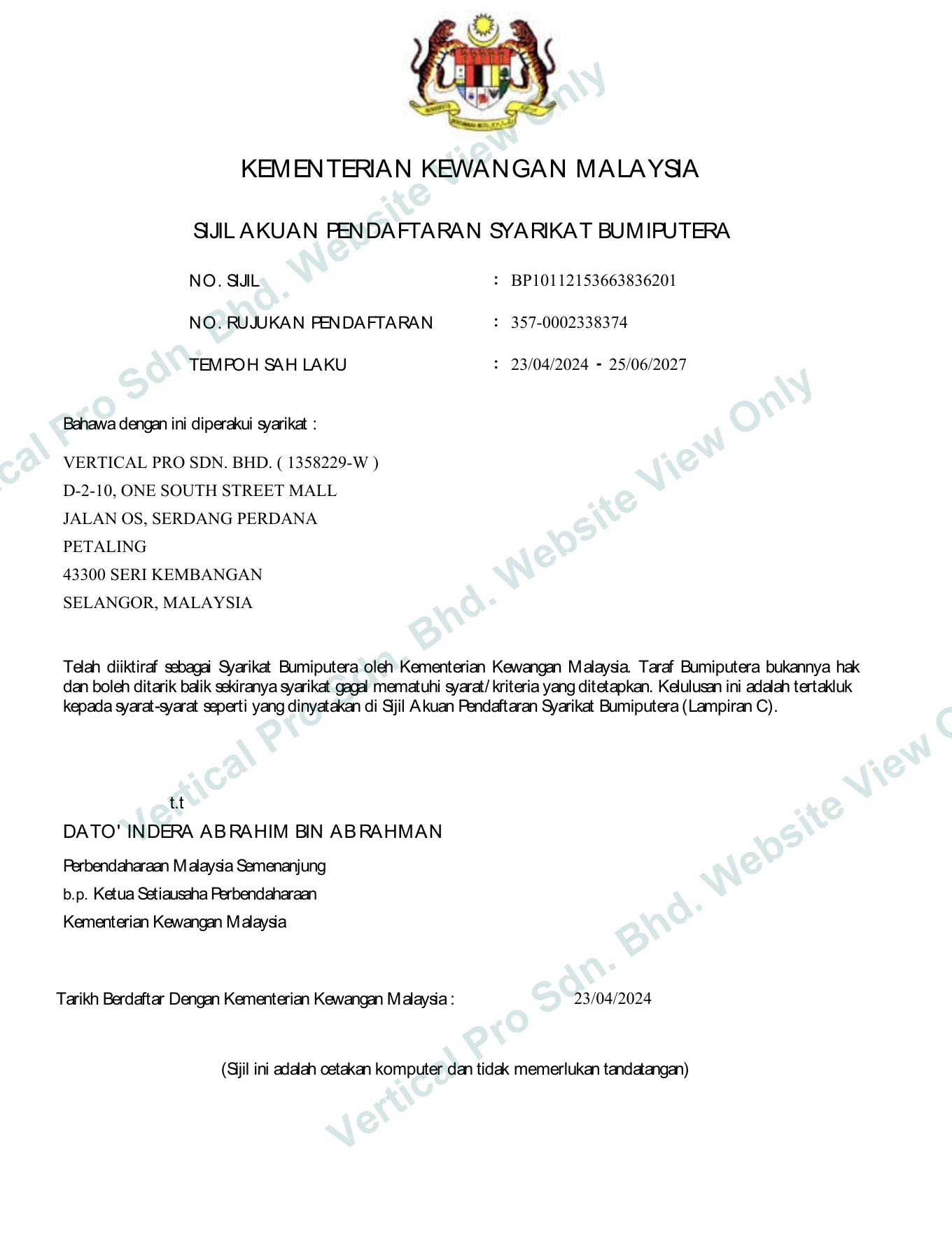 Ministry of Finance Malaysia Bumiputera company registration certificate