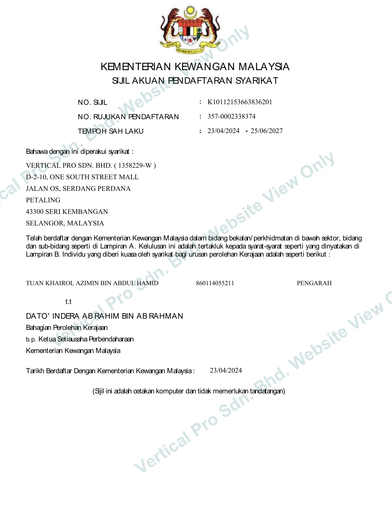 Ministry of Finance Malaysia company registration certificate