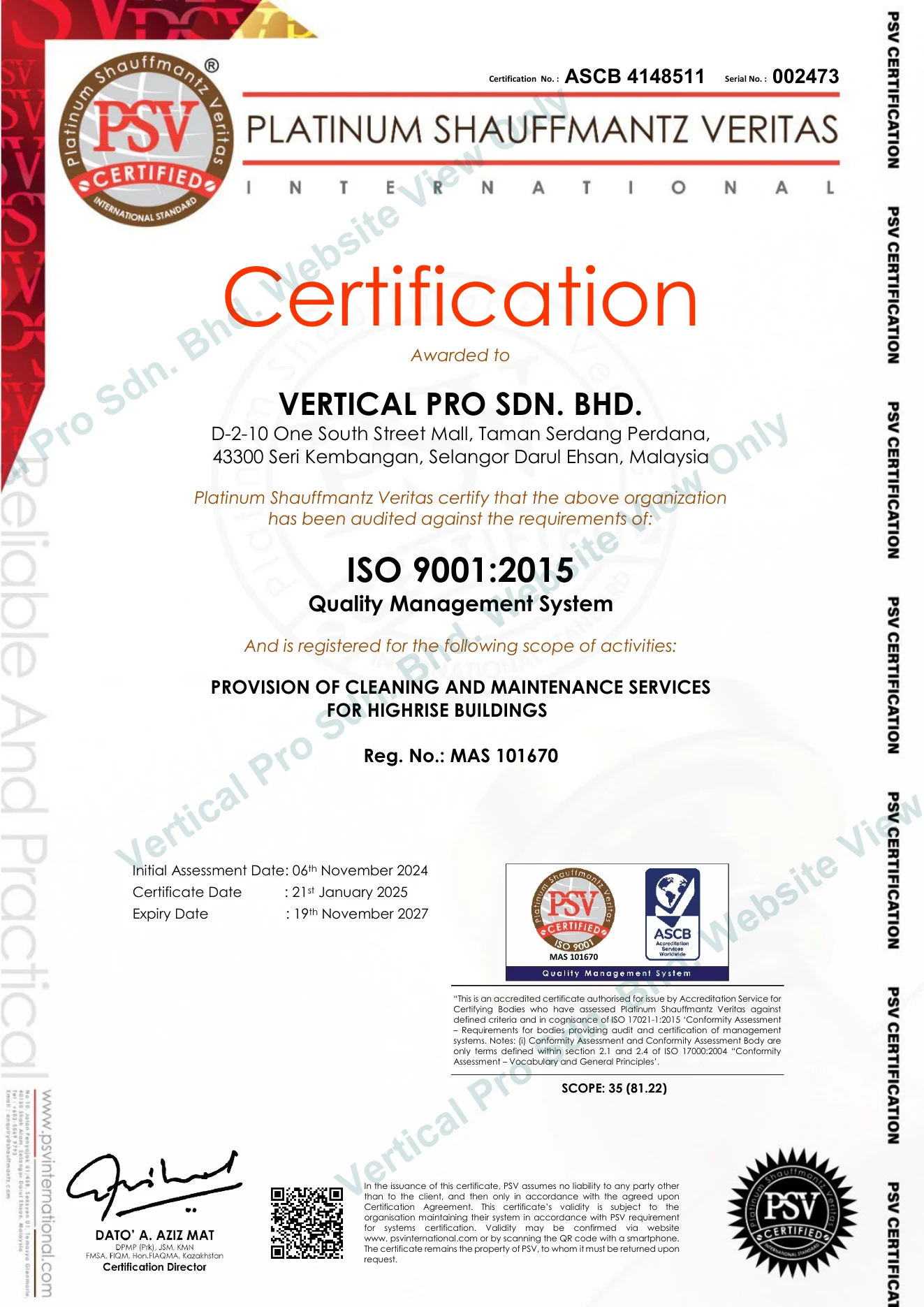 Vertical Pro ISO 9001 2015 ASCB quality management certificate