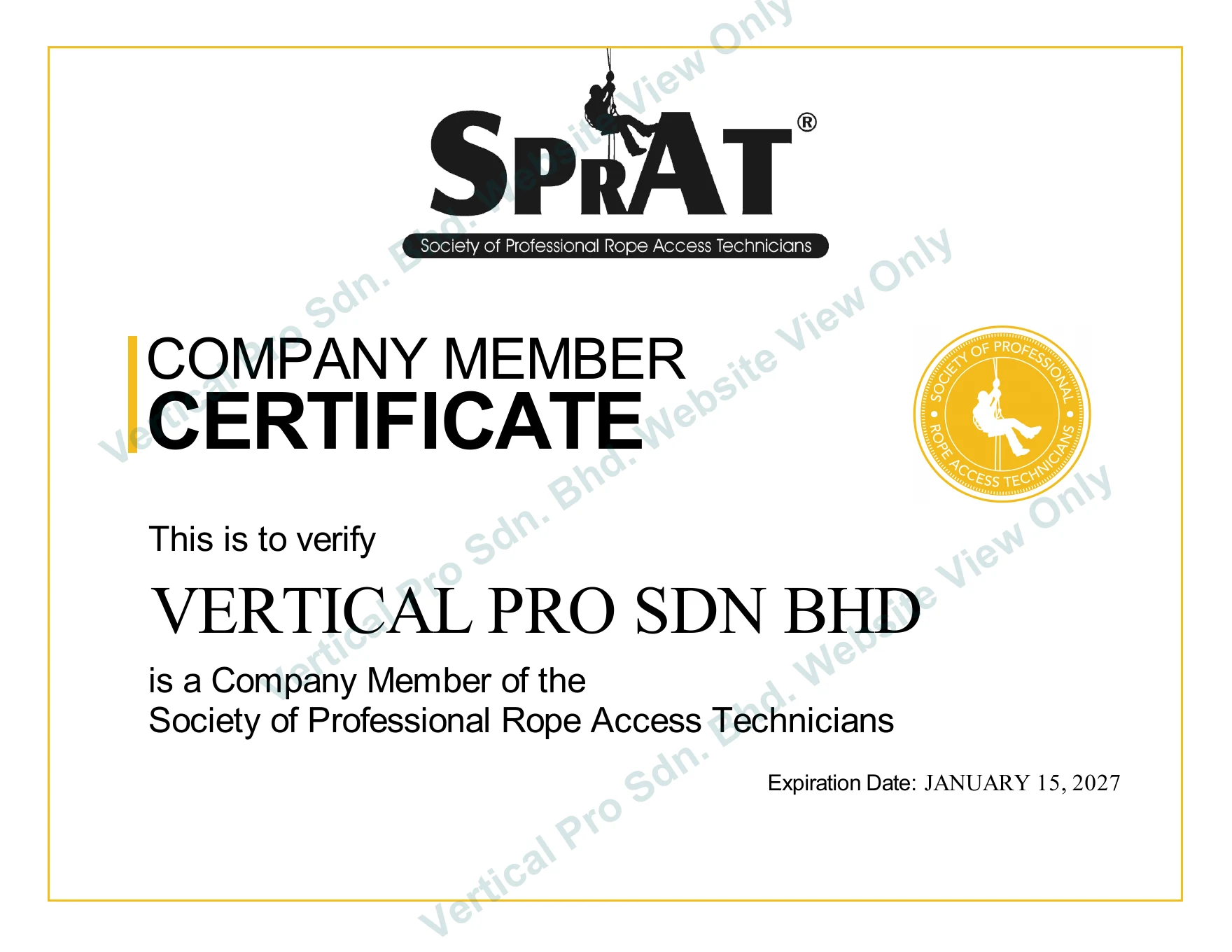 Vertical Pro SPRAT company member certificate